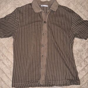 Zara Men’s Brown Striped Button-Down Polo Shirt
